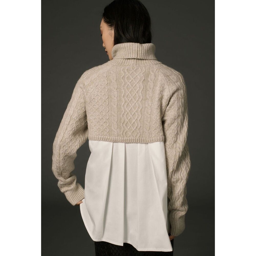 Anthropologie 90s Preppy Cable Knit Twofer Layered Turtleneck Sweater Size L